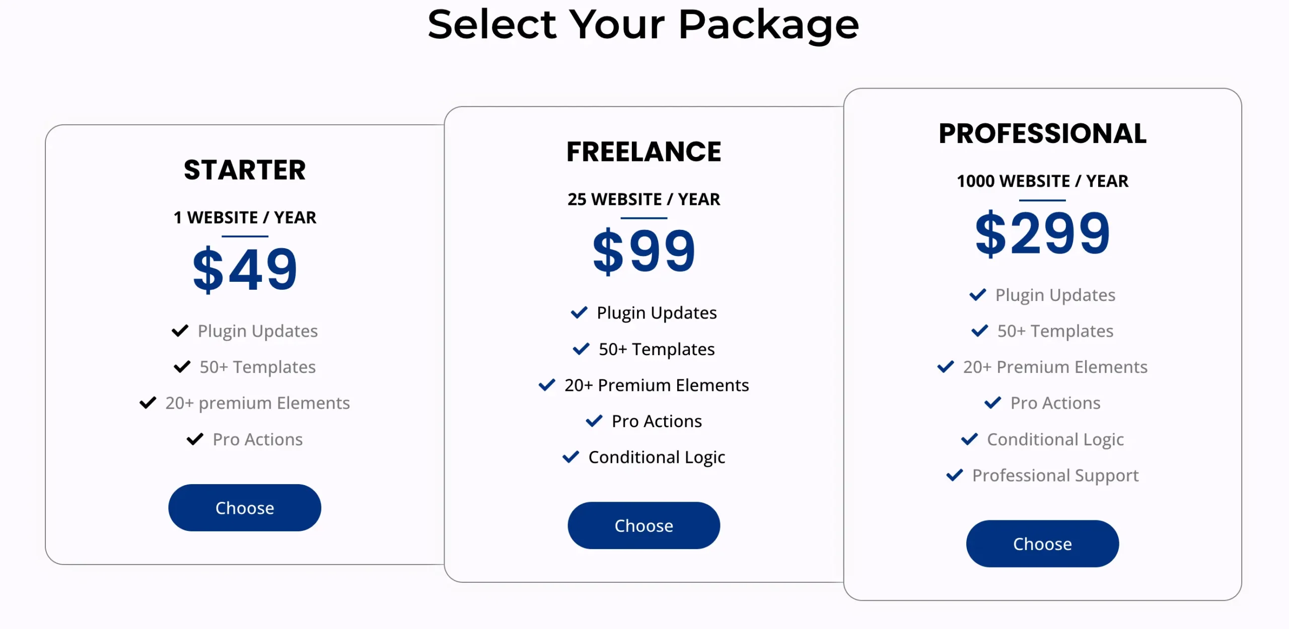 Pricing table