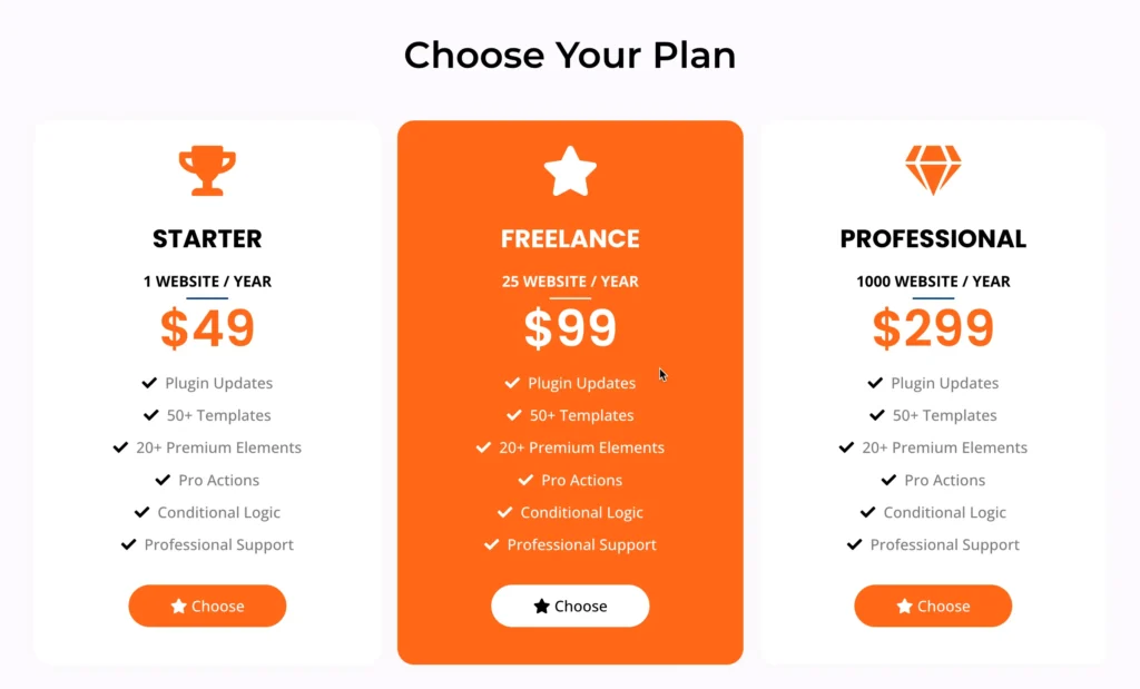 Professional plan prebuilt section.