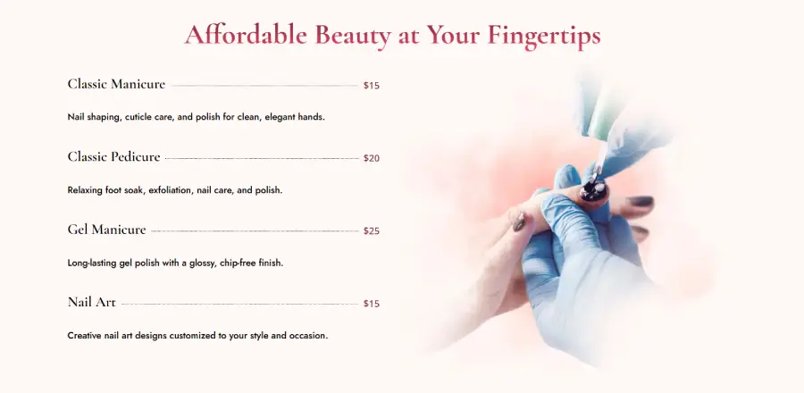 Salon services prebuilt section.